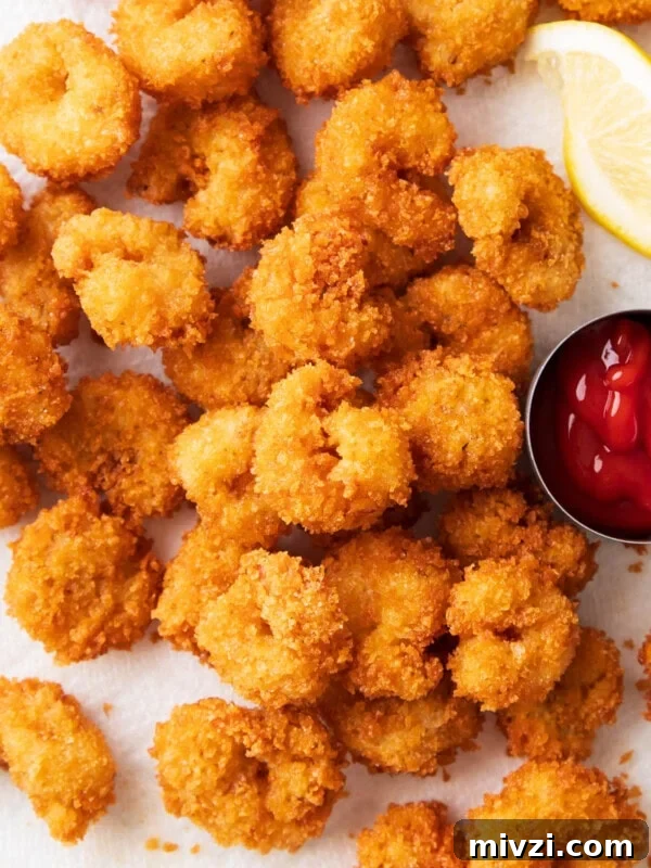 Crispy Panko Shrimp Tacos with Tangy Slaw 9 Lots of crunchy fried popcorn shrimp on a paper towel lined pan with lemon wedges and dipping sauce.