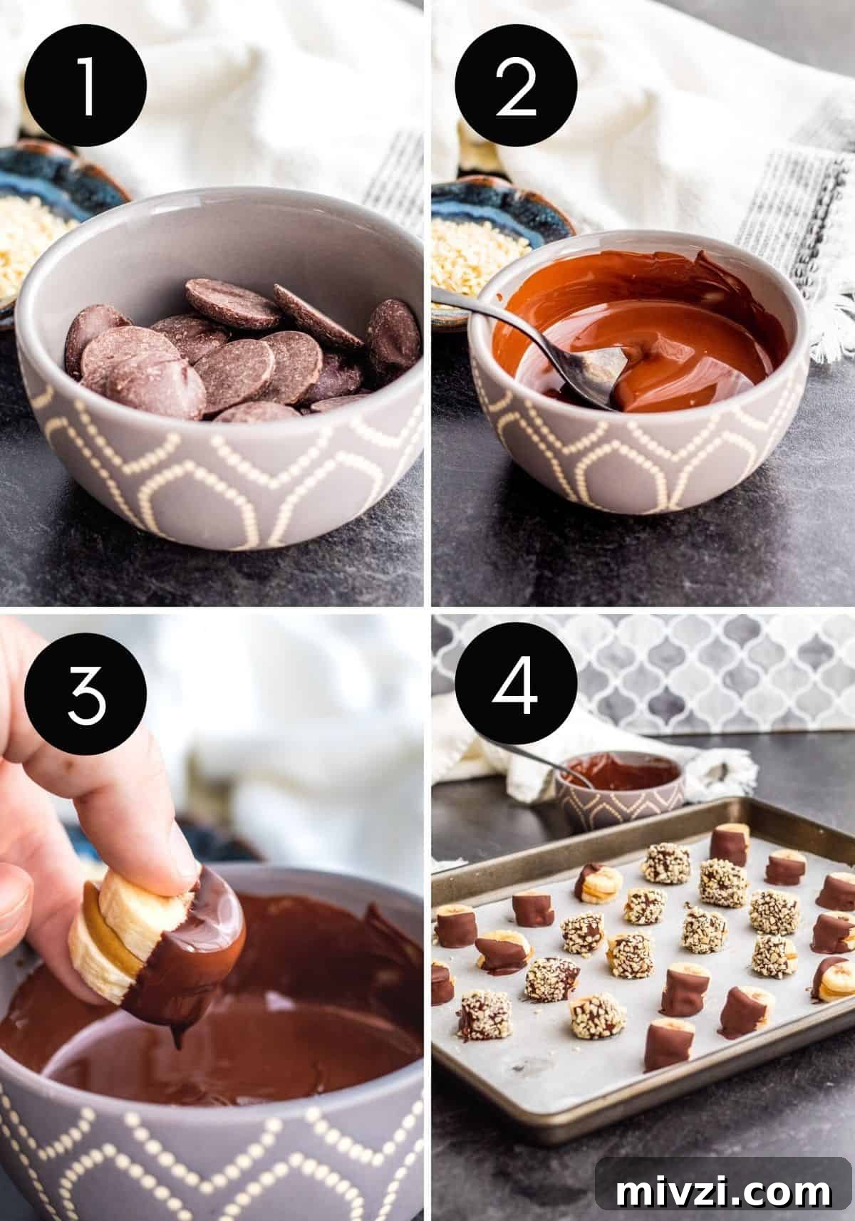 Four prep image collage showing chocolate out on bites.
