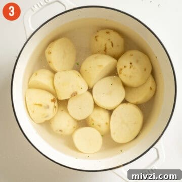 Garlic Parmesan Mashed Potatoes Recipe — Creamy Comfort Side Dish 6 Halved and peeled potatoes in a pot water.