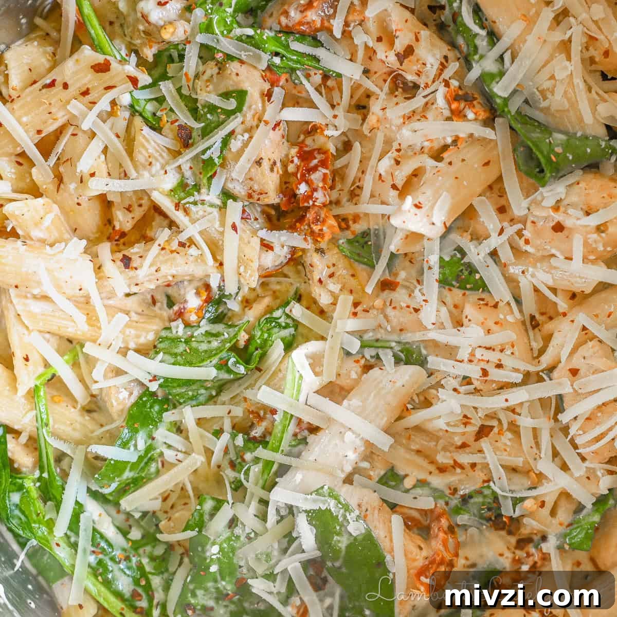 close up of marry me chicken pasta.