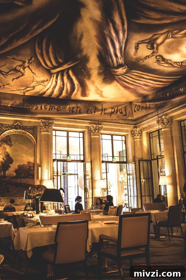 the beautiful Dal tea salon with the Dali ceiling, lamps, paintings & chairs at Le Meurice - Paris travel tips