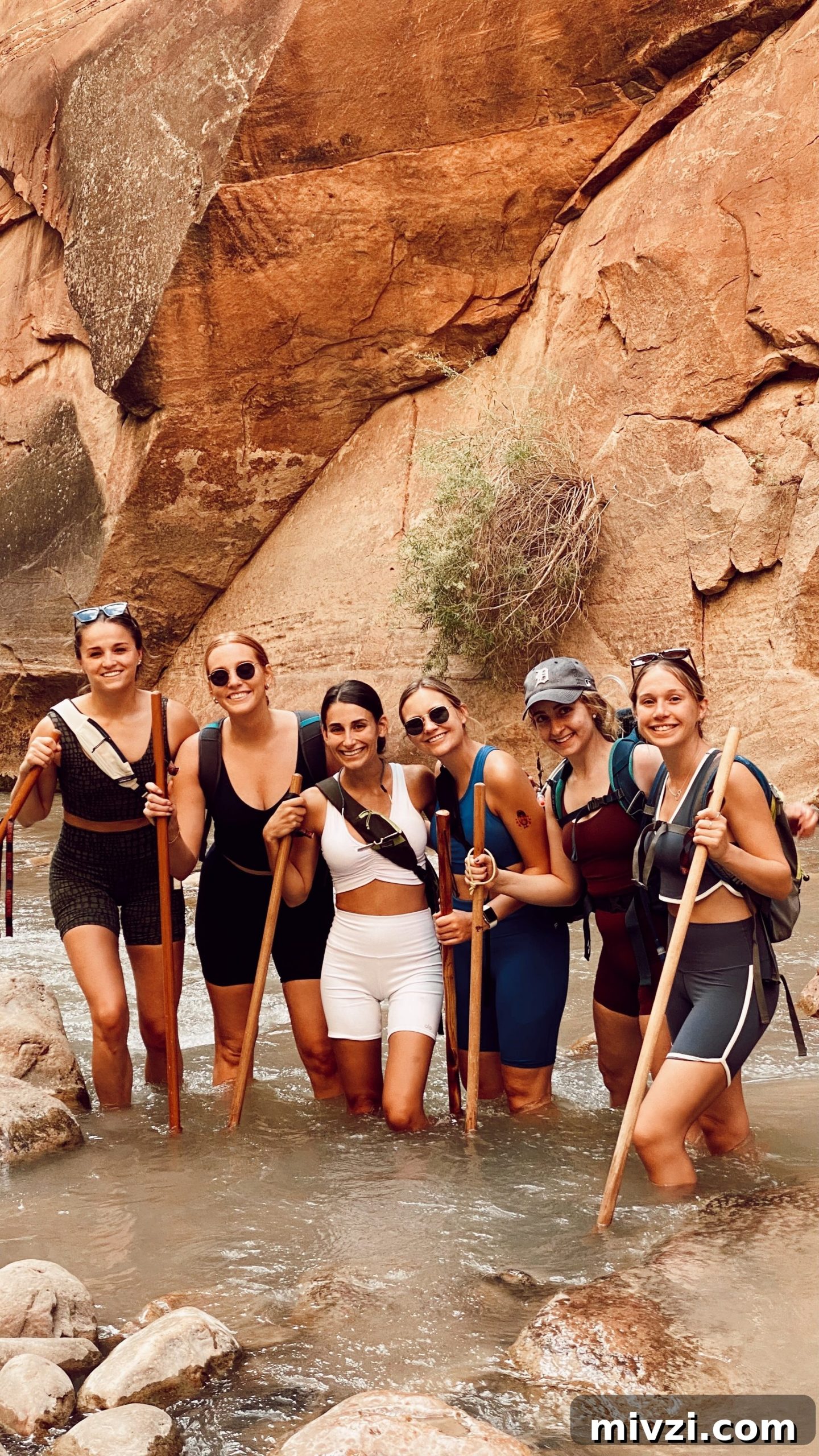 smiling bunch of six ladies in the middle of the Narrows Hike