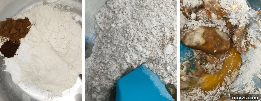 Left to right: bowl with dry ingredients (flour, baking powder and spices), bowl with dry ingredients mixed together, bowl with dry and wet ingredients starting to be mixed. 