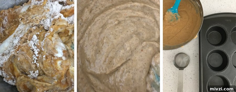From left to right: Bowl with pumpkin muffin batter being mixed together, pumpkin muffin batter completely mixed, a muffin tin and bowl with muffin batter in it. 