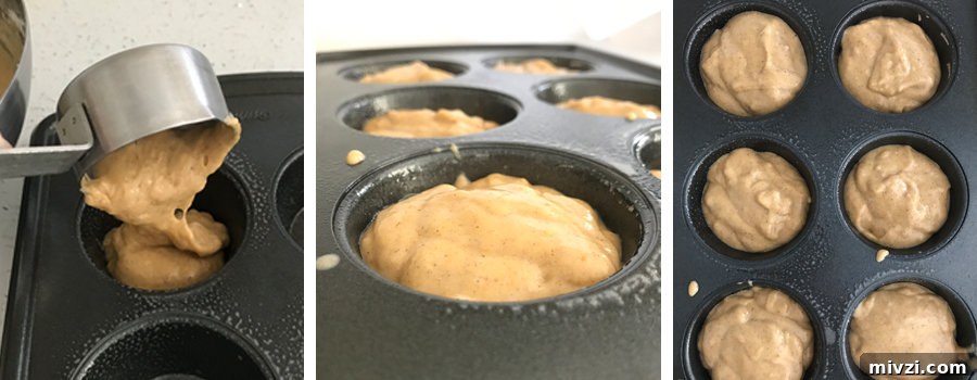 From left to right, stainless steel scoop pouring batter into muffin tin, close up of filled muffin tin, overhead of muffin tin filled with batter. 