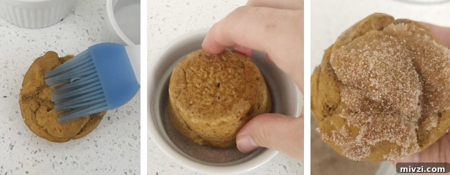 From left to right, basting brush on top of muffin, muffin upside down in bowl, muffin topped in cinnamon sugar. 