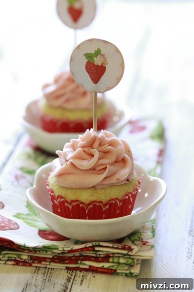 strawberry and lime cupcakes2 Two lime cupcakes topped with strawberry frosting and cupcake toppers.
