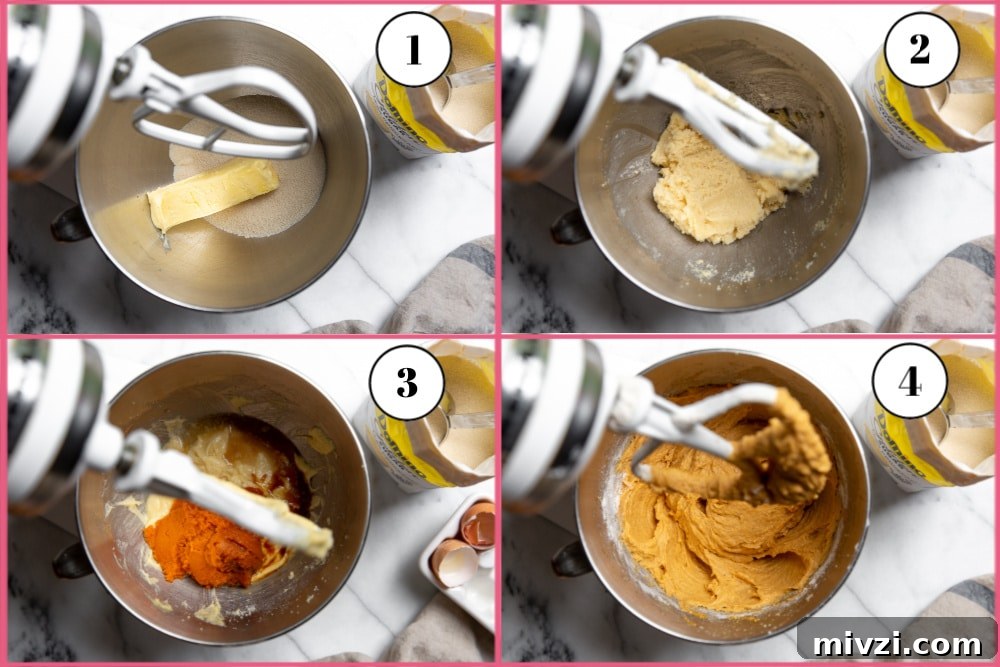 Pumpkin Pound Cake with Bourbon Cream Cheese Frosting рецепт 4 Process shot divided into four quadrants showing the steps for making the cake batter.