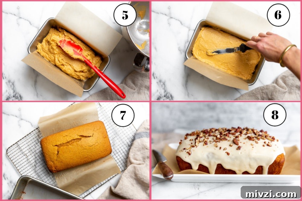 Pumpkin Pound Cake with Bourbon Cream Cheese Frosting рецепт 5 Process shot divided into four quadrants showing how to spread the batter into the pan and bake.