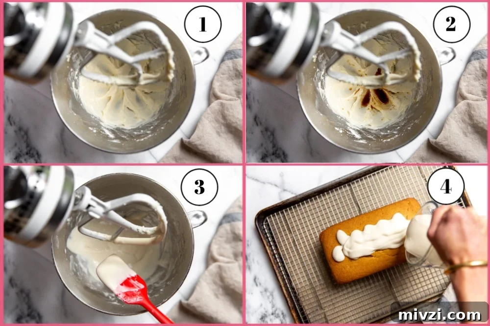 Pumpkin Pound Cake with Bourbon Cream Cheese Frosting рецепт 7 Process shot divided into four quadrants showing how to make cream cheese glaze in the stand mixer.