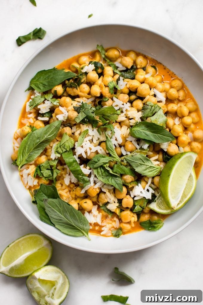 Creamy Chickpea Coconut Curry: Simple Vegan Dinner Recipe 5 close-up of chickpea coconut curry on a plate