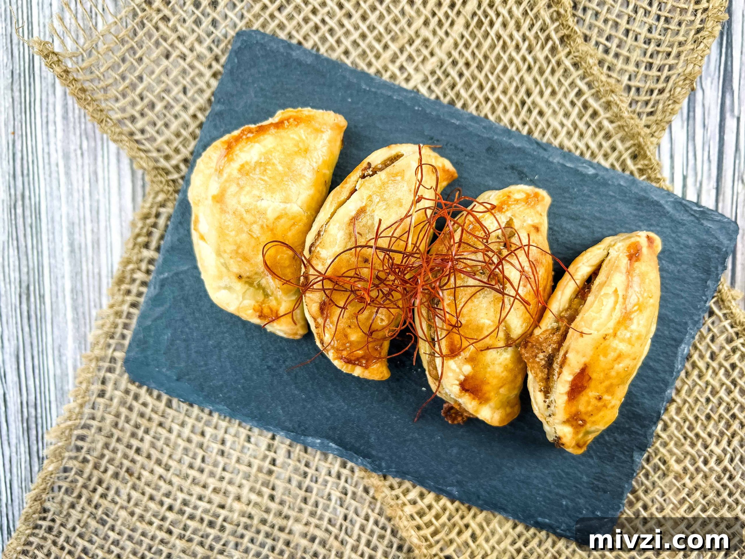 37 Winter Olympics Dishes to Warm Cold Nights and Long Broadcasts 16 Four pieces of Air Fryer Beef Empanadas on a black rectangular slate.