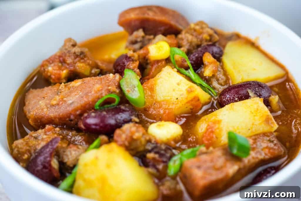 37 Winter Olympics Dishes to Warm Cold Nights and Long Broadcasts 17 A bowl of Texas cowboy stew garnished with green onions.