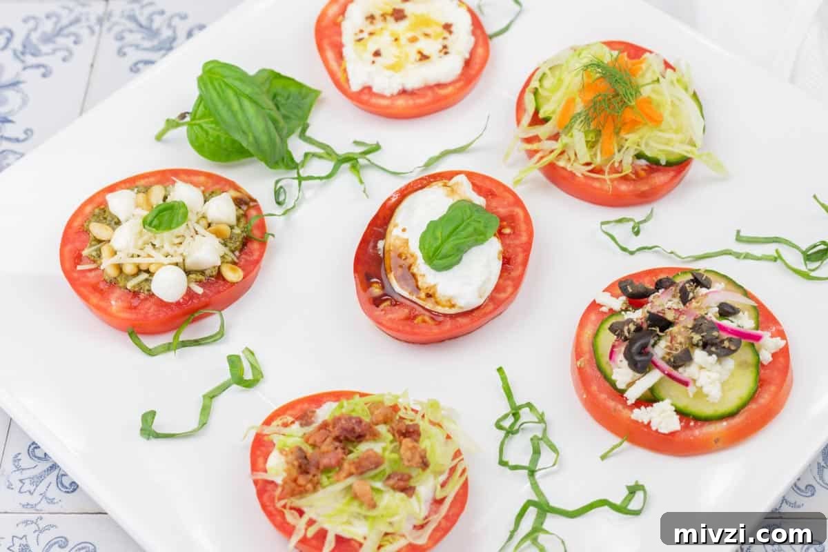 37 Winter Olympics Dishes to Warm Cold Nights and Long Broadcasts 27 Six tomato slices topped with various ingredients, including cheese, lettuce, olives, herbs, and garnishes, arranged on a white plate with basil leaves and shredded greens.