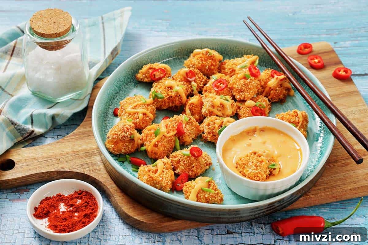 37 Winter Olympics Dishes to Warm Cold Nights and Long Broadcasts 8 A plate of bang bang chicken bites garnished with sliced red chili and green onions, served with a dipping sauce.