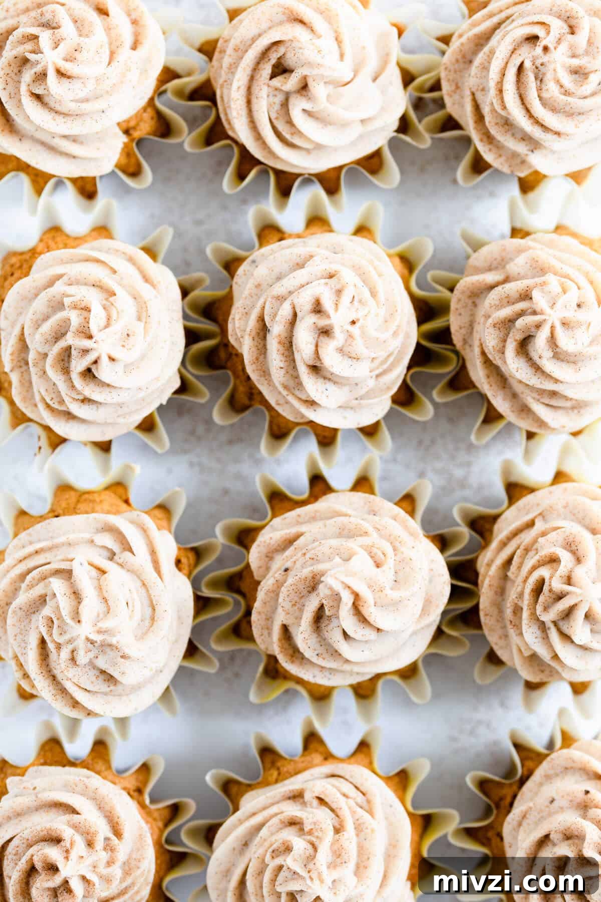 overhead close up of pumpkin cupcakes with chai frosting