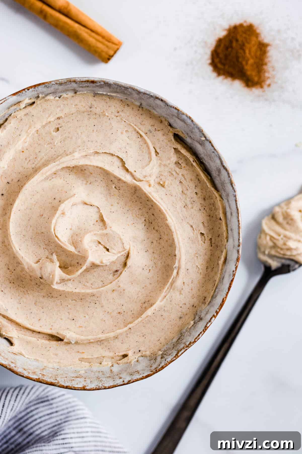 close up of a bowl with chai frosting