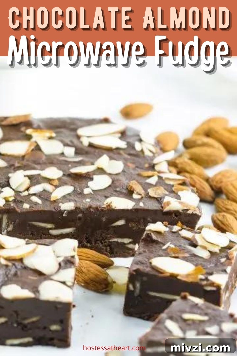 Microwave Chocolate Almond Fudge Recipe: Quick & Rich Treat 7 A graphic of chocolate fudge with shaved almonds.