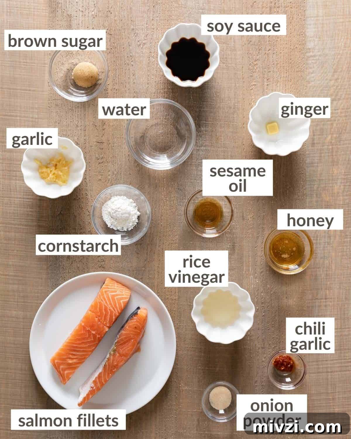 overhead of ingredients for teriyaki salmon air fryer