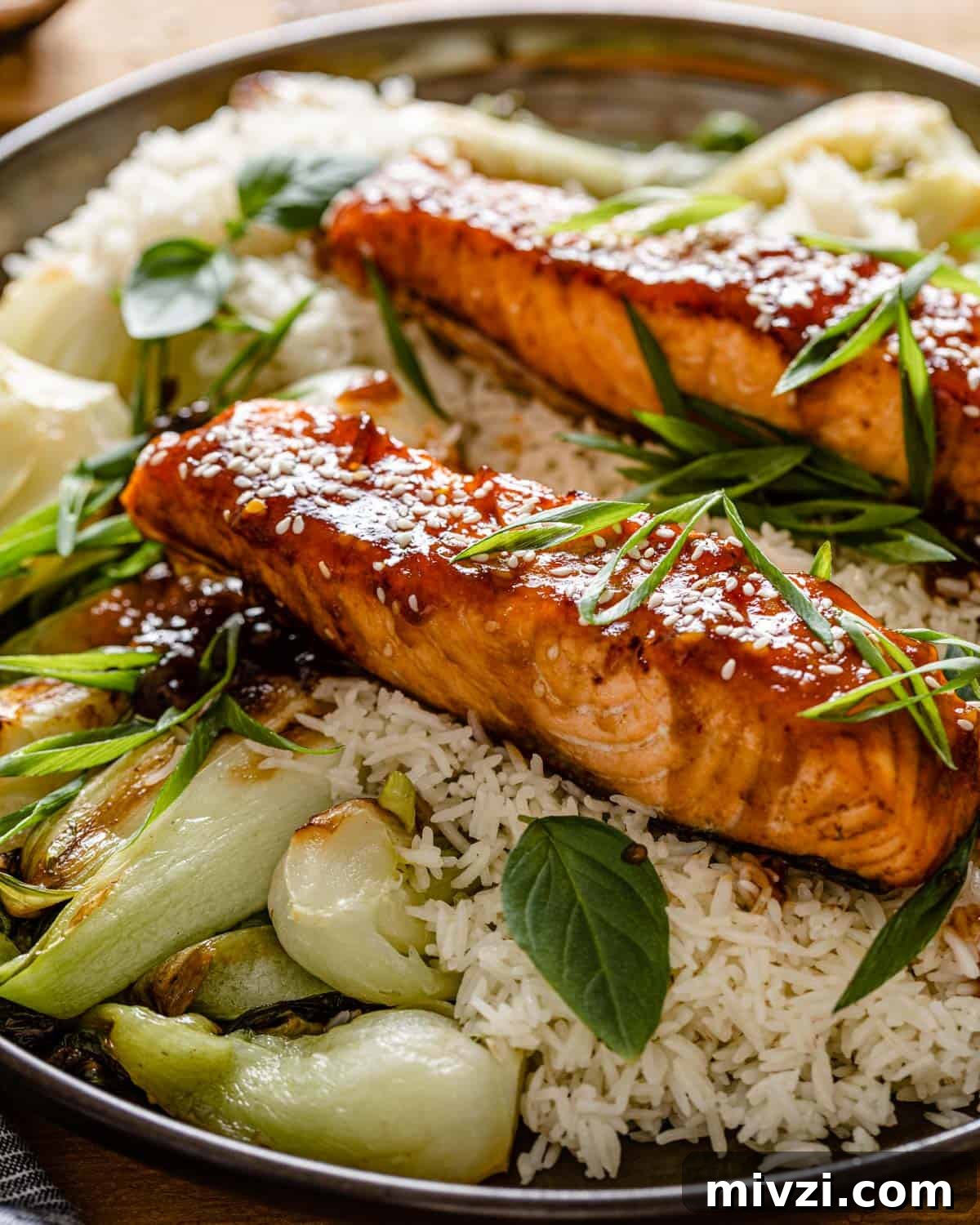side view up close shot of teriyaki salmon air fryer