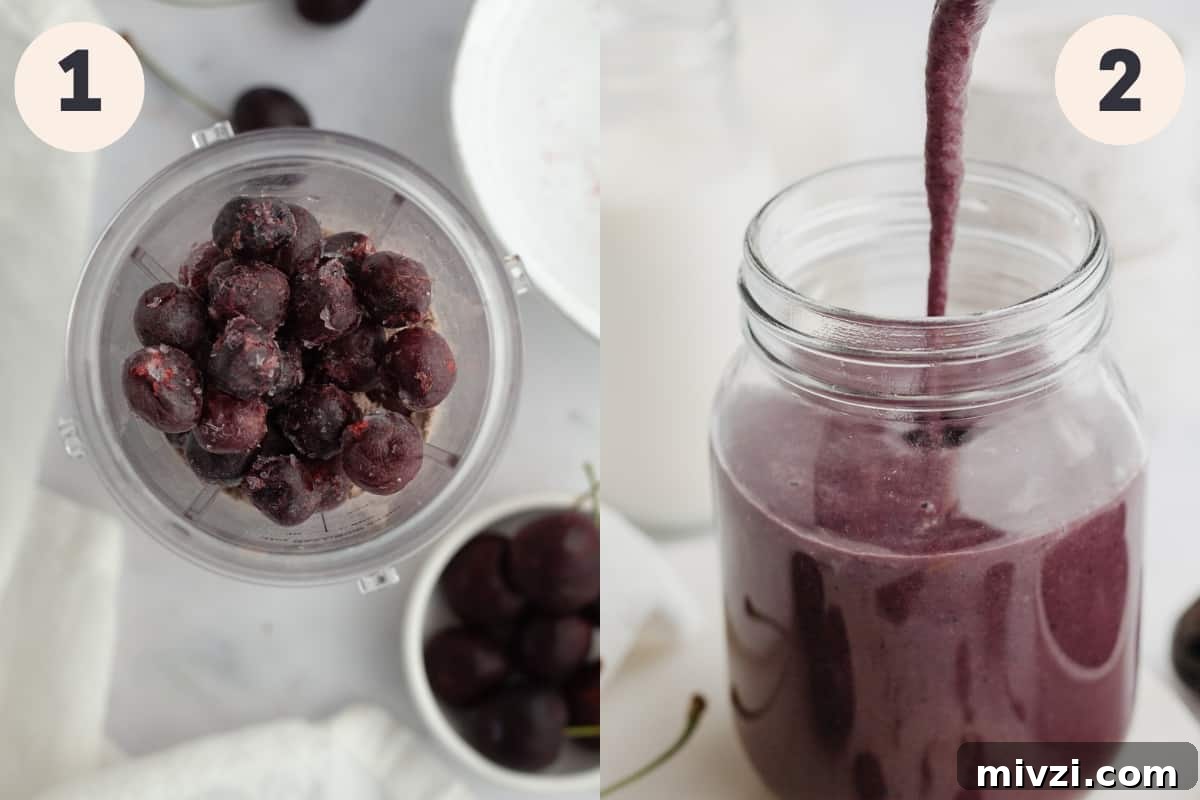 5-Minute Chocolate Cherry Smoothie Recipe 4 An overhead shot of a blender with cherries in it.