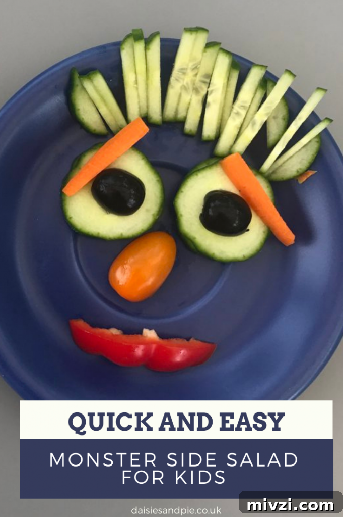 Fun Monster Salad Ideas Kids Will Love 5 monster faces made from salad vegetables. Text overlay reads "quick and easy monster side salad for kids"