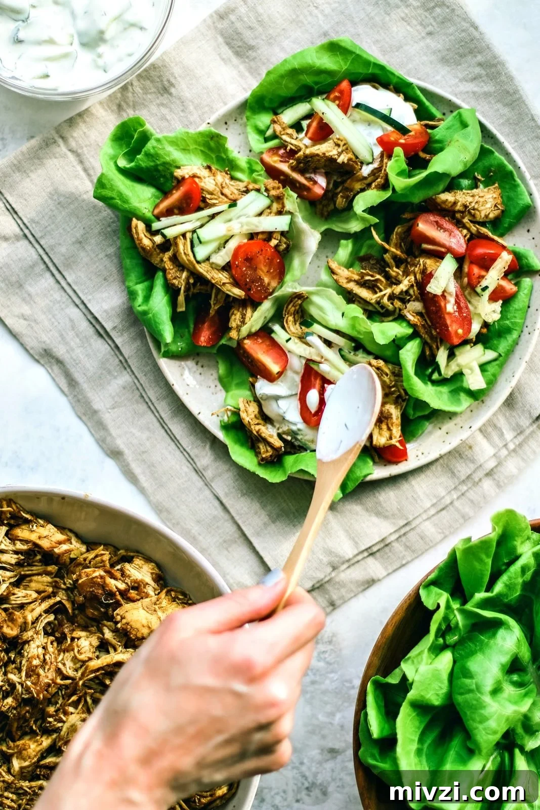 Instant Pot Chicken Shawarma Lettuce Cups | Killing Thyme Instant Pot Chicken Shawarma Lettuce Cups and tzatziki