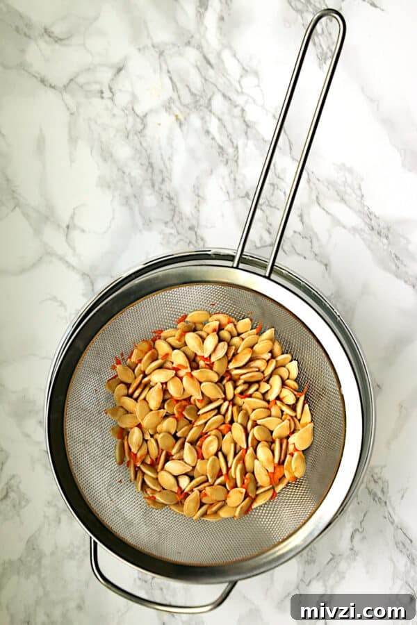 Roasted Pumpkin Seeds Recipe: Crispy Oven-Baked Snack in 20 Minutes 4 Cleaned squash seeds in a sieve.
