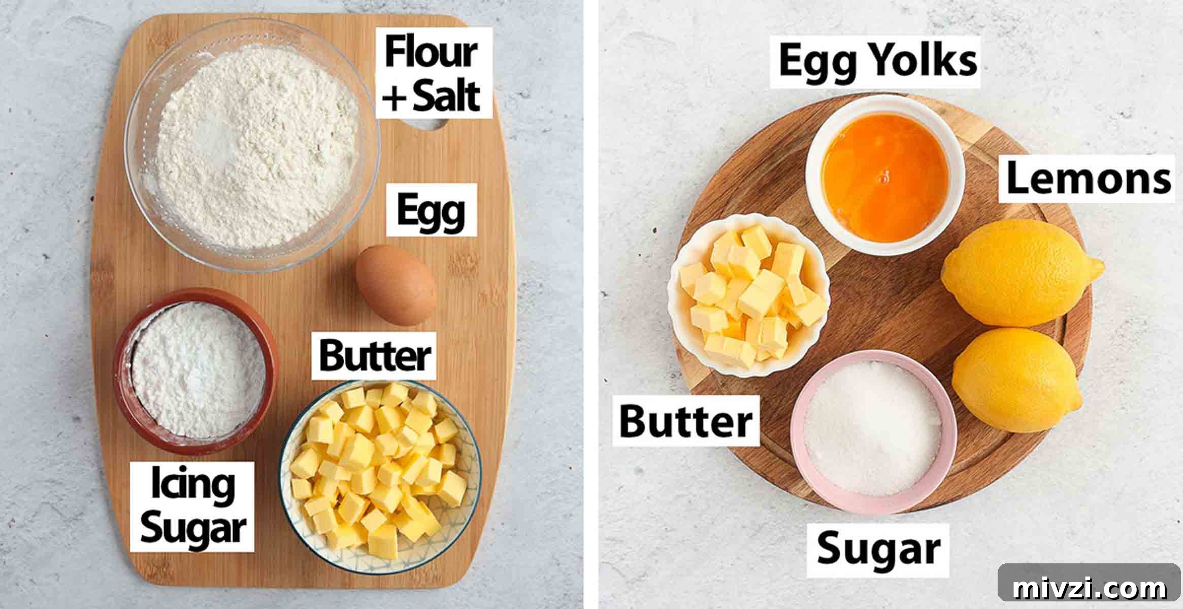 Ingredients for the tart shells and the lemon curd.