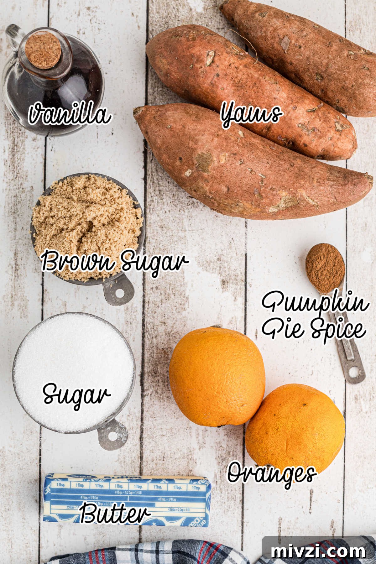 Southern-Style Candied Yams with Brown Sugar Glaze 3 An overhead shot of ingredients needed to make candied yams, with text overlay.