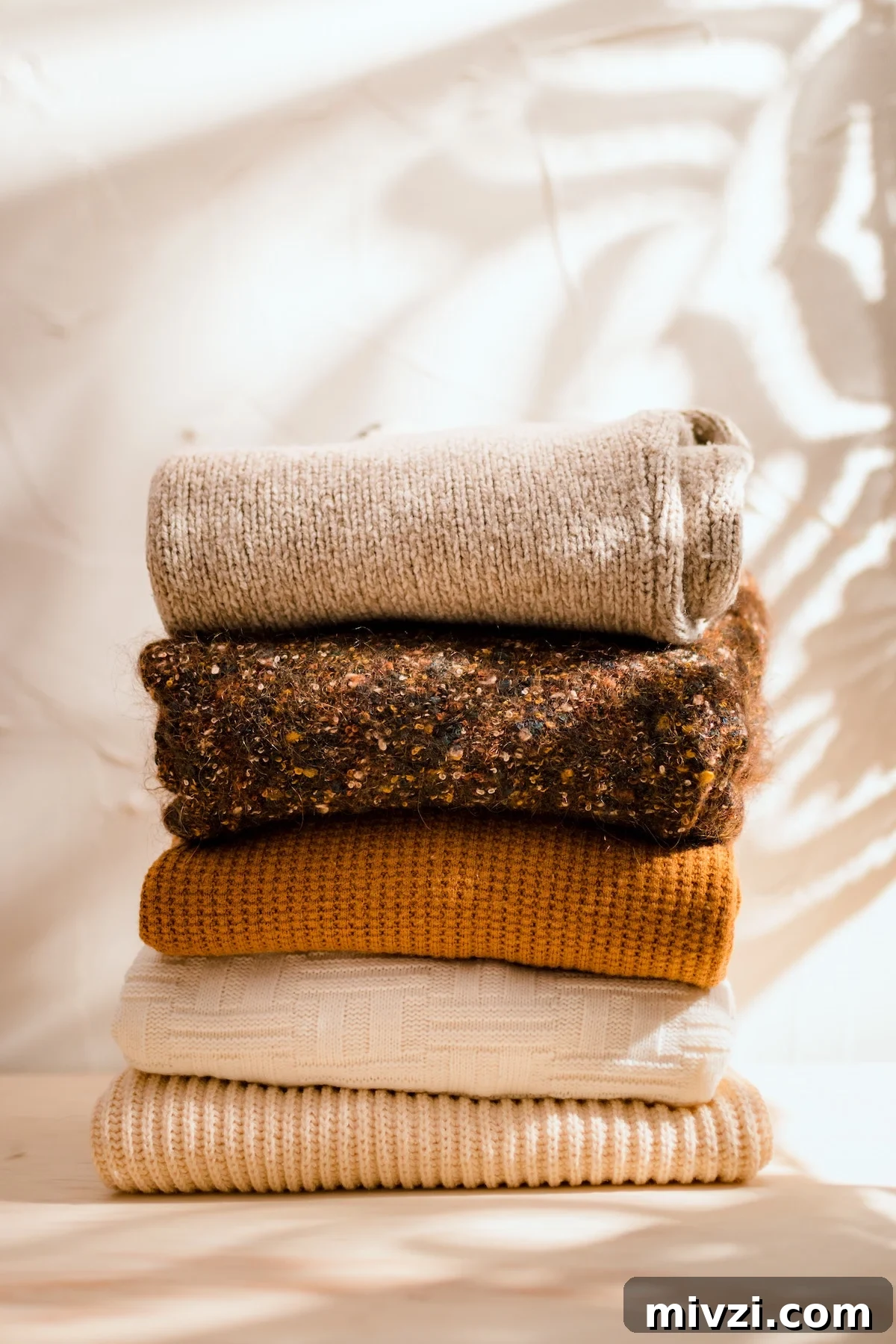Fall sweaters stacked on a textured background 