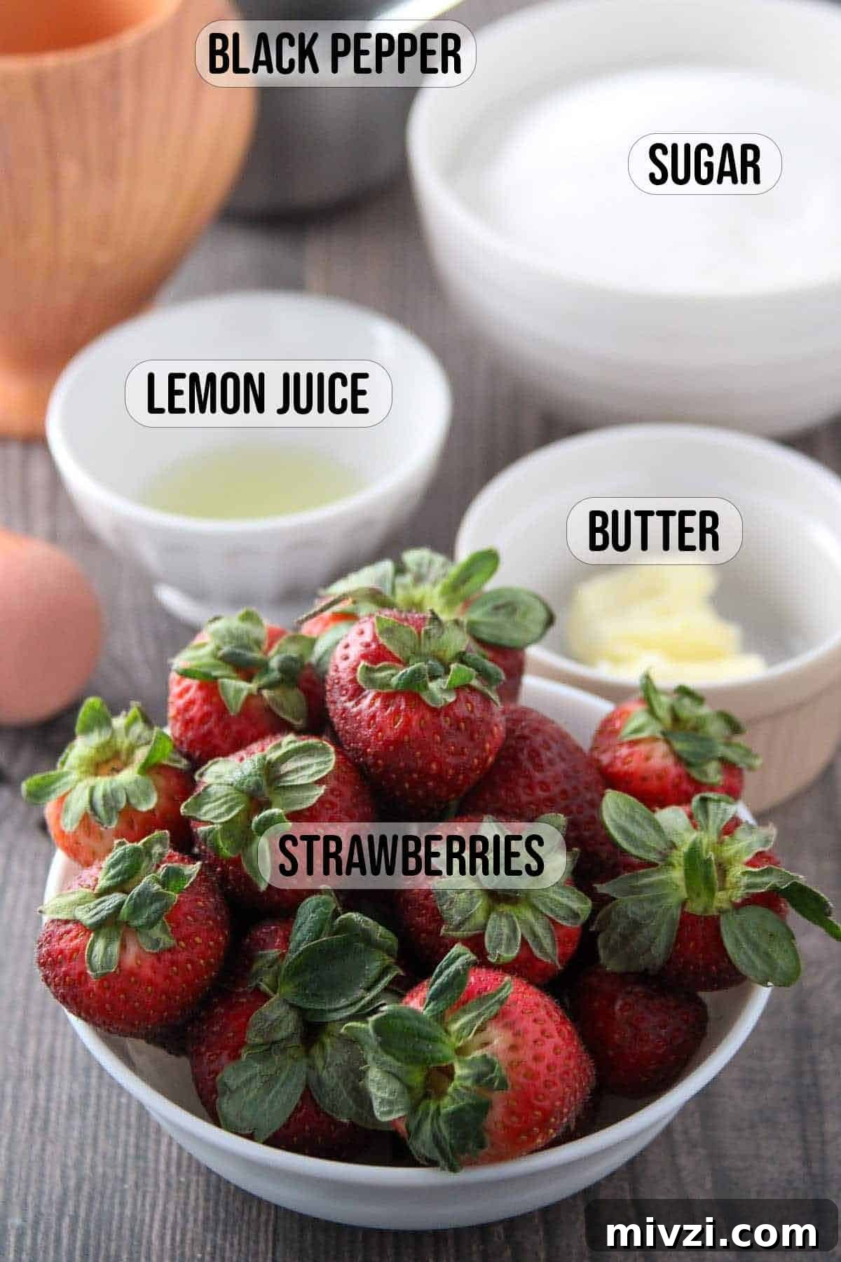 Strawberry Jam with Cracked Black Pepper: Sweet & Spicy Preserve 3 strawberries, sugar, lemon juice, and butter in individual bowls