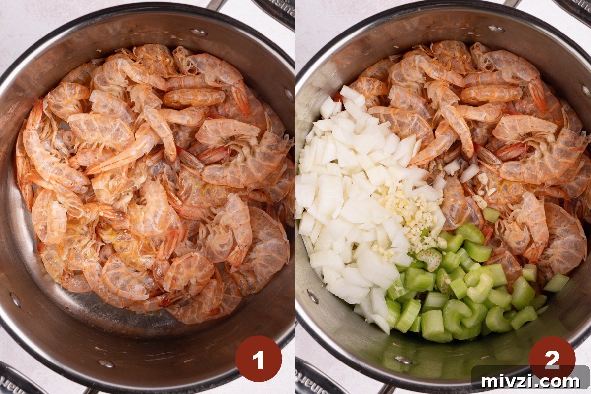 Savory Seafood Stuffing Recipe for Holidays and Dinner 3 Peeled shrimp shells in a large pot with onion, celery, and garlic.