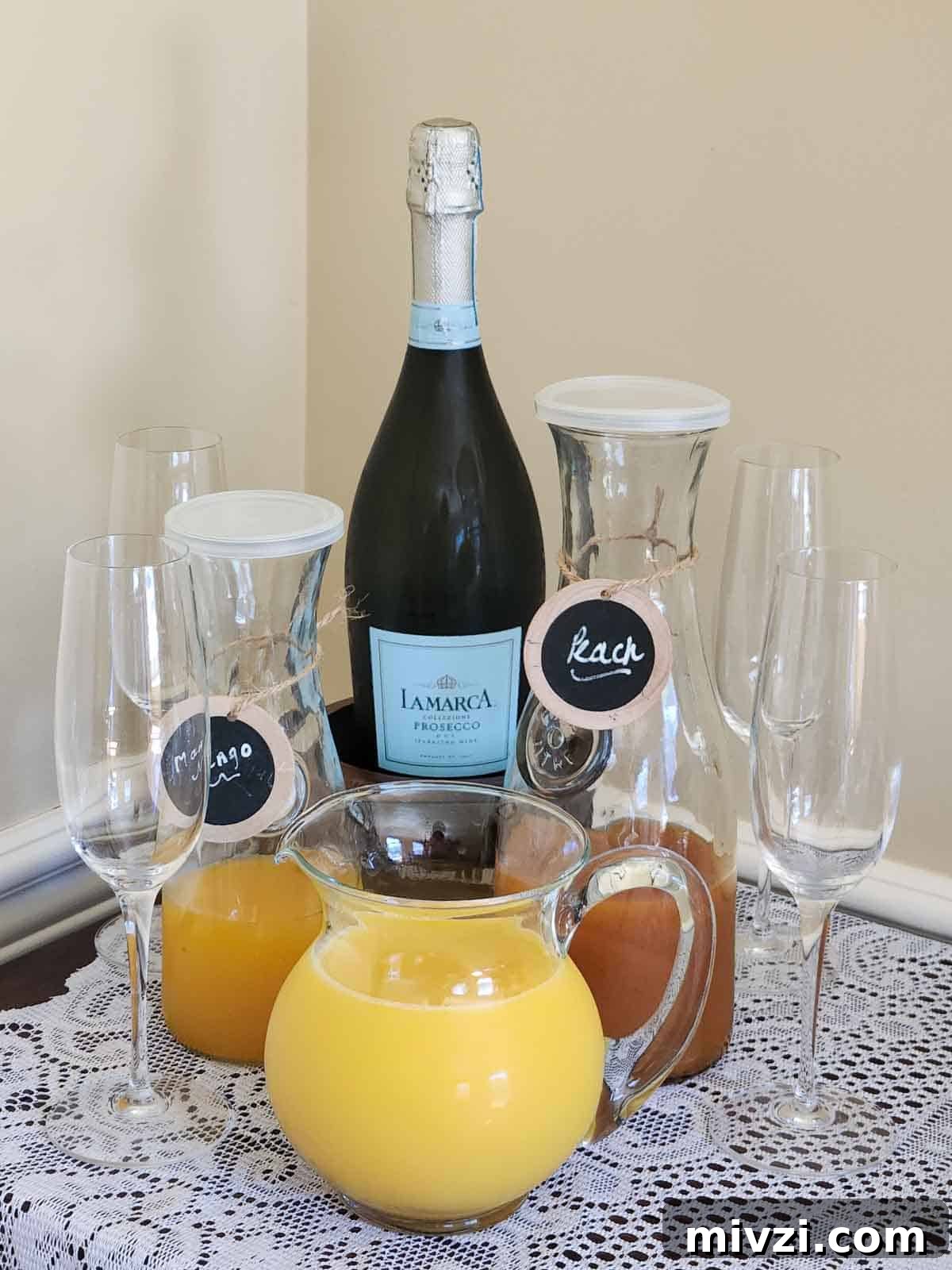 Bellini bar with juices, champagne and glasses.