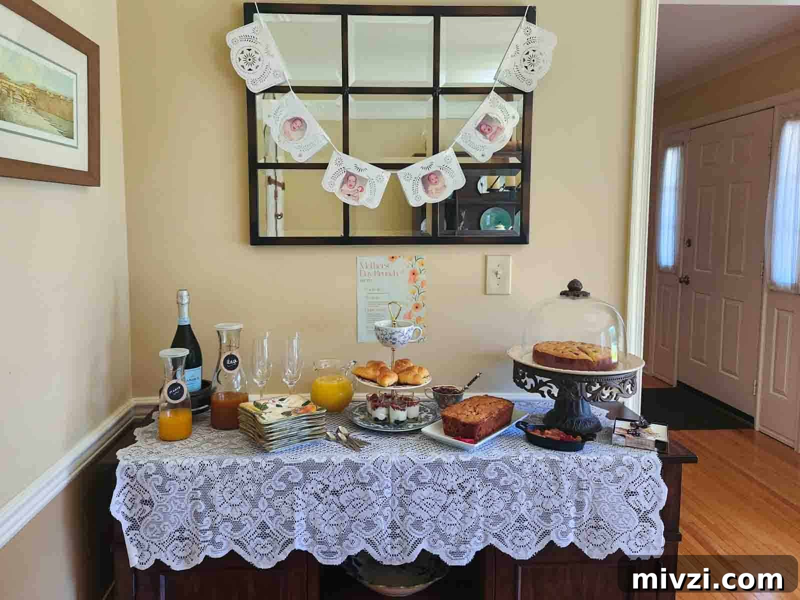 A buffet table decorated with a lace tablecloth and self-serve brunch items.