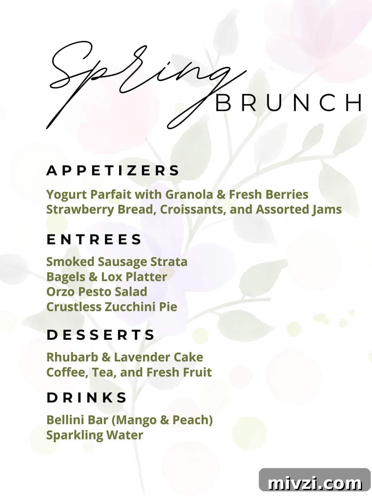 Sample spring or summer brunch menu on a white floral background.