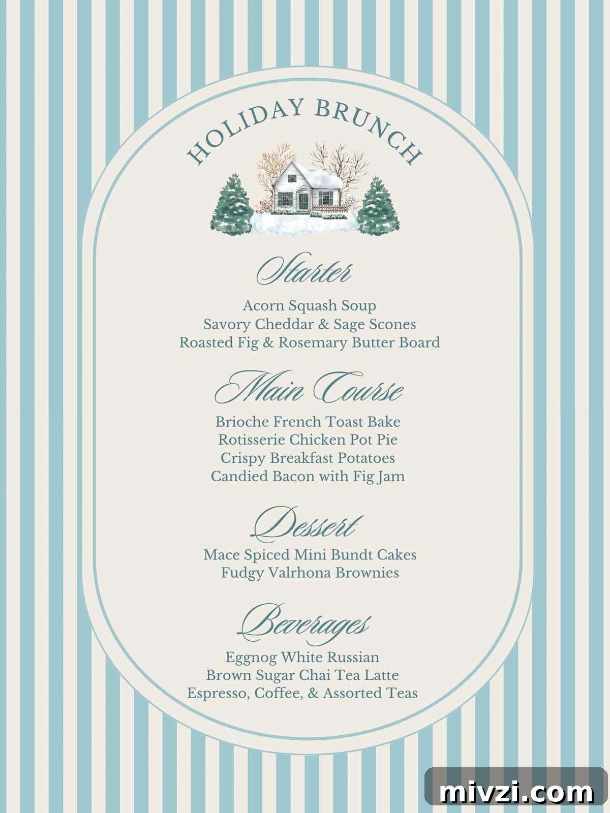 Sample holiday brunch menu with blue and white stripes.
