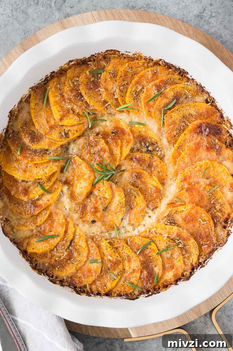 thanksgiving sweet potato gratin in a white round dish