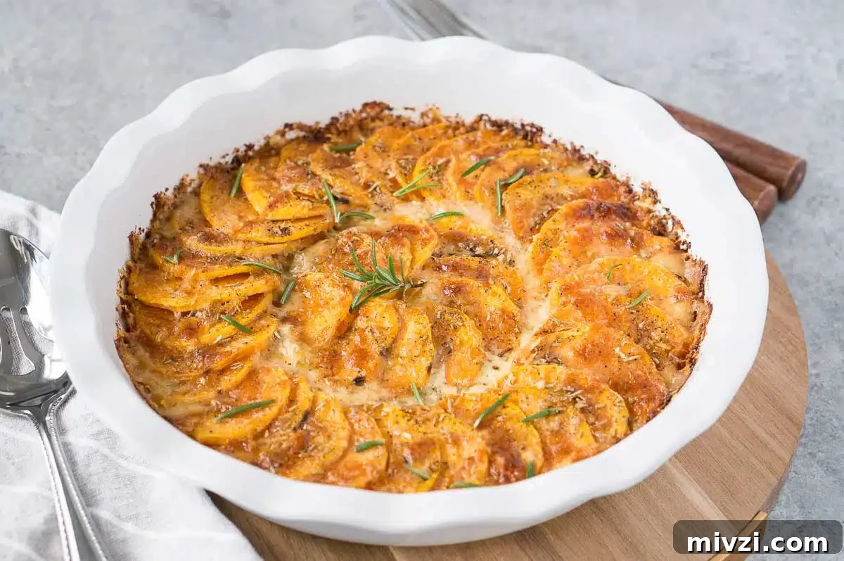 creamy sweet potato bake for thanksgiving in a white dish