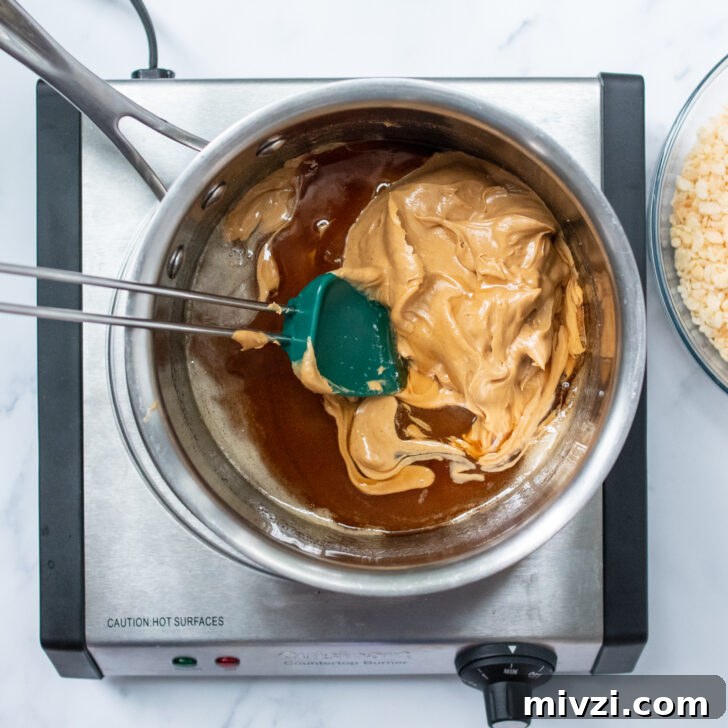 the peanut butter mixture combined on the stovetop.