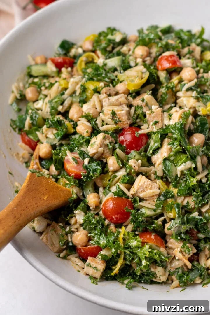 picture of chicken, kale, chickpea and orzo salad