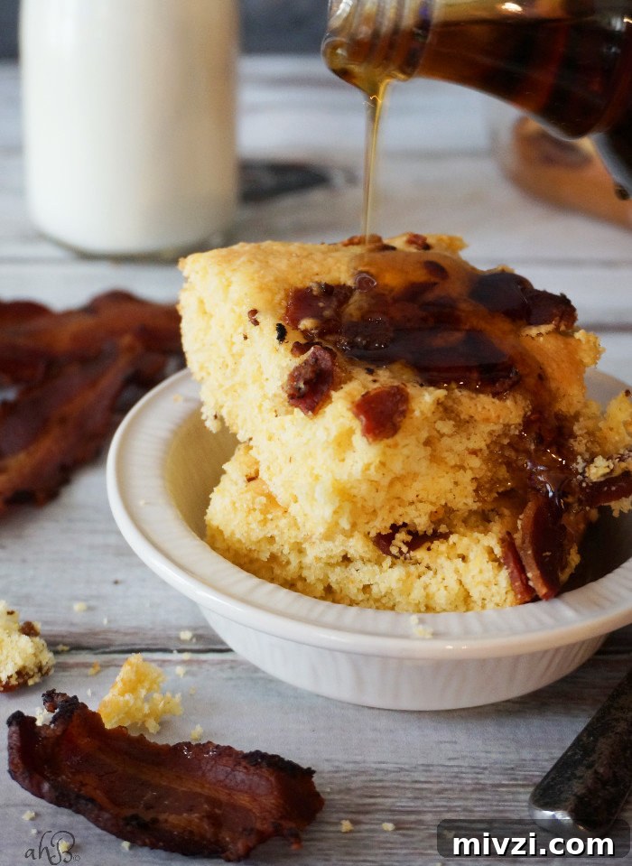 Maple Bacon Cornbread Recipe — Sweet Savory Skillet Cornbread 2 Sweet and savory maple bacon cornbread, a simple twist on cornbread mix that takes 25 minutes.
