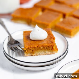 Creamy Pumpkin Pie Bars with Gingersnap Crust — Fall Dessert Recipe 12 Pumpkin Pie Bar with dollop of whipped cream on plate.