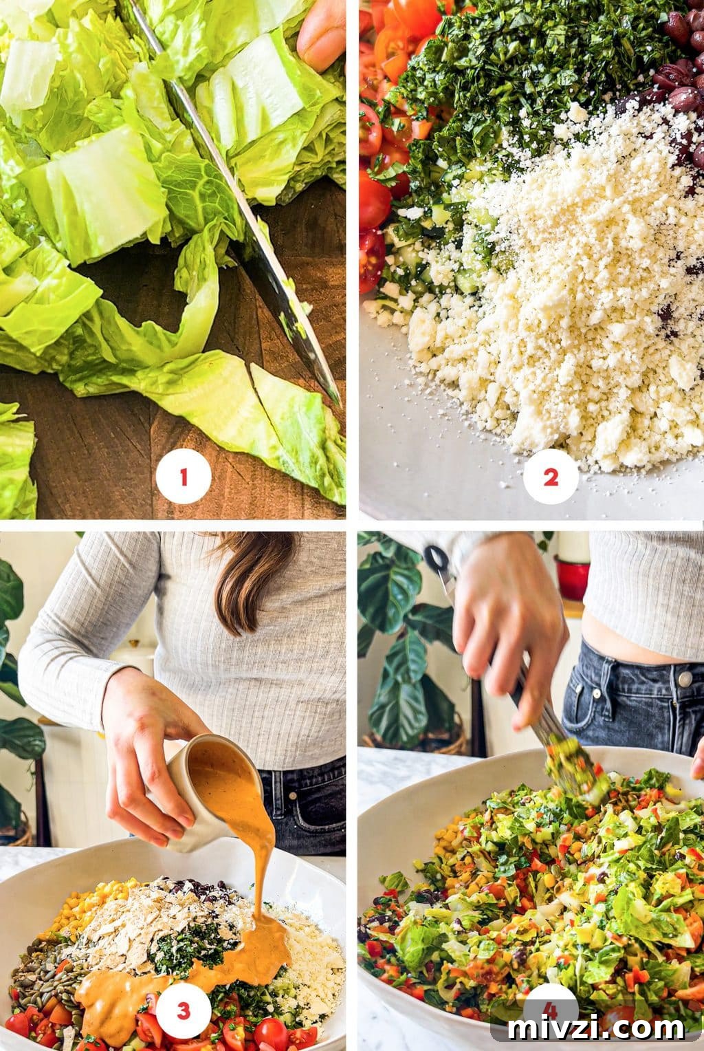 Southwest Chopped Salad Recipe with Avocado and Lime Dressing 5 four step grid prepping Mexican southwest salad