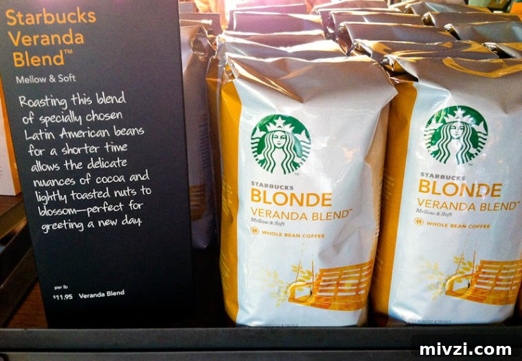 Sign and bags of Starbucks Blonde Veranda Coffee