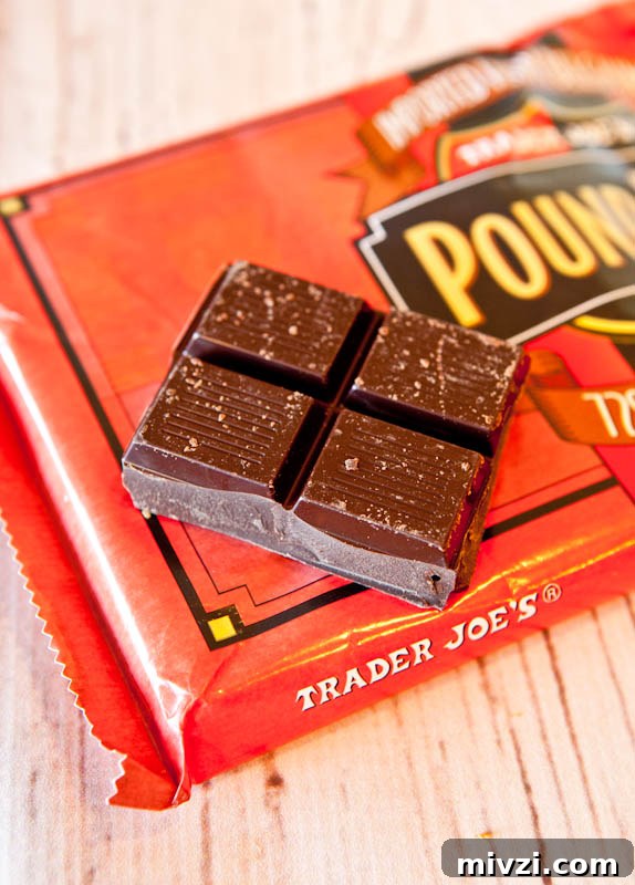 four squares of Trader Joe's PoundPlus chocolate