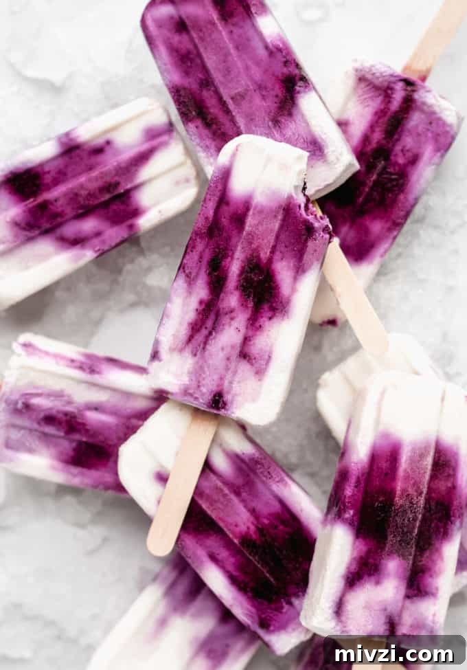 Blueberry Greek Yogurt Popsicles Recipe: Creamy Frozen Treats 4 a blueberry greek yogurt popsicle with a bite taken out of it