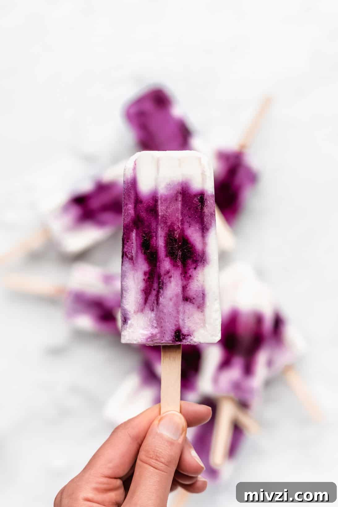 Blueberry Greek Yogurt Popsicles Recipe: Creamy Frozen Treats 6 a hand holding a blueberry greek yogurt popsicle