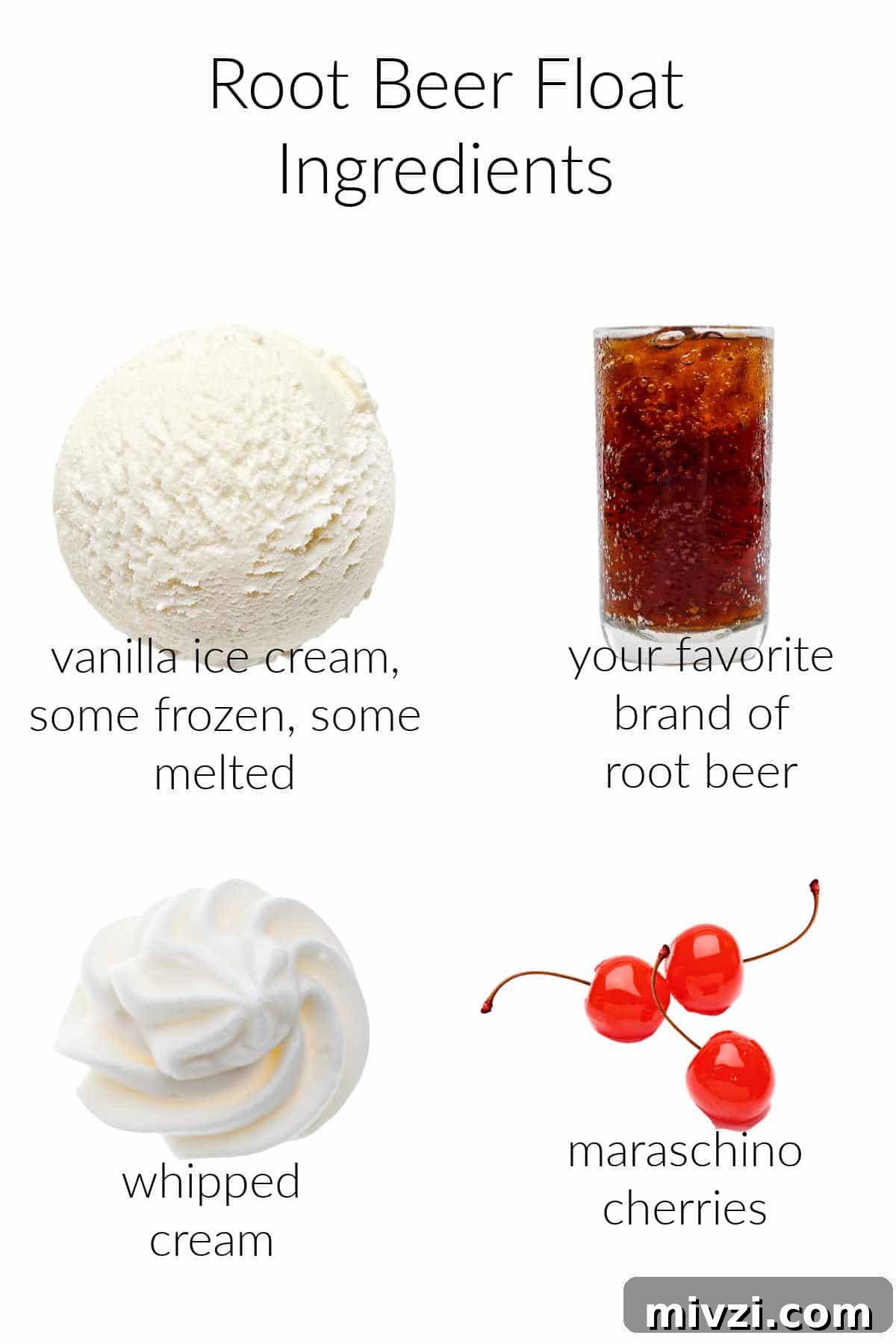 Collage of ingredients for making a creamy root beer float.