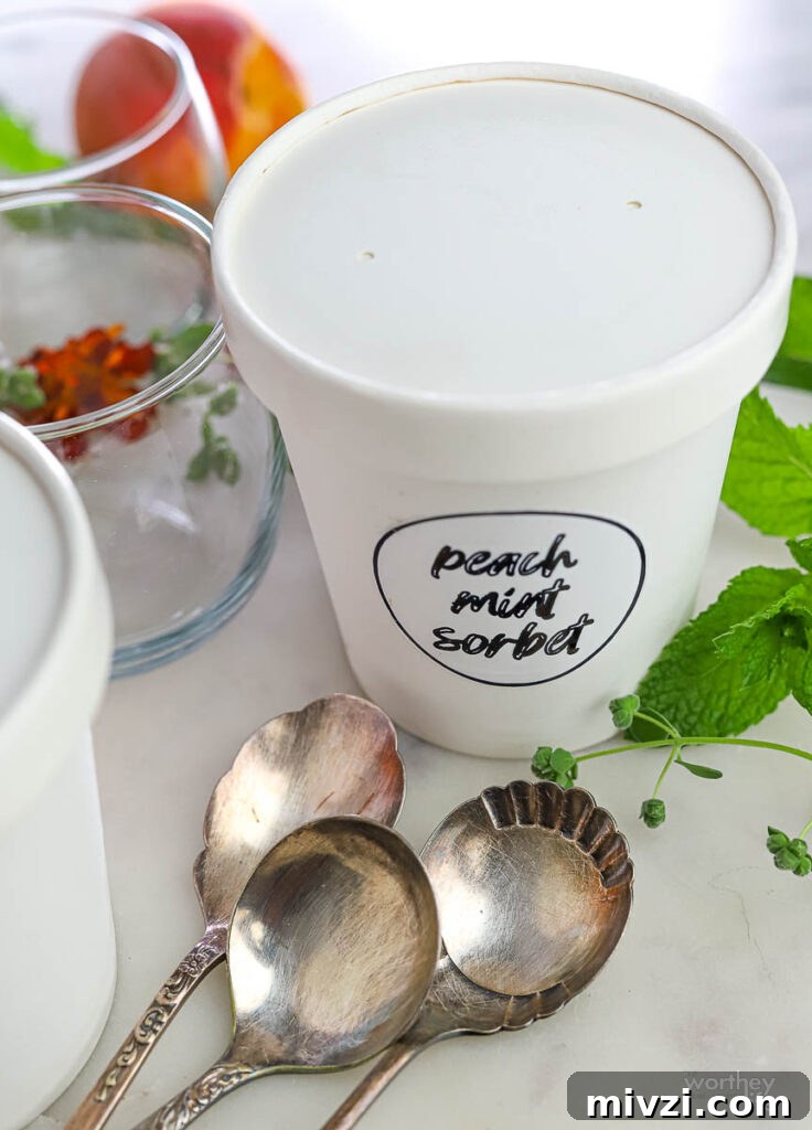Refreshing Peach Mint Sorbet Recipe – Simple Summer Dessert 7 white containers for storing ice cream